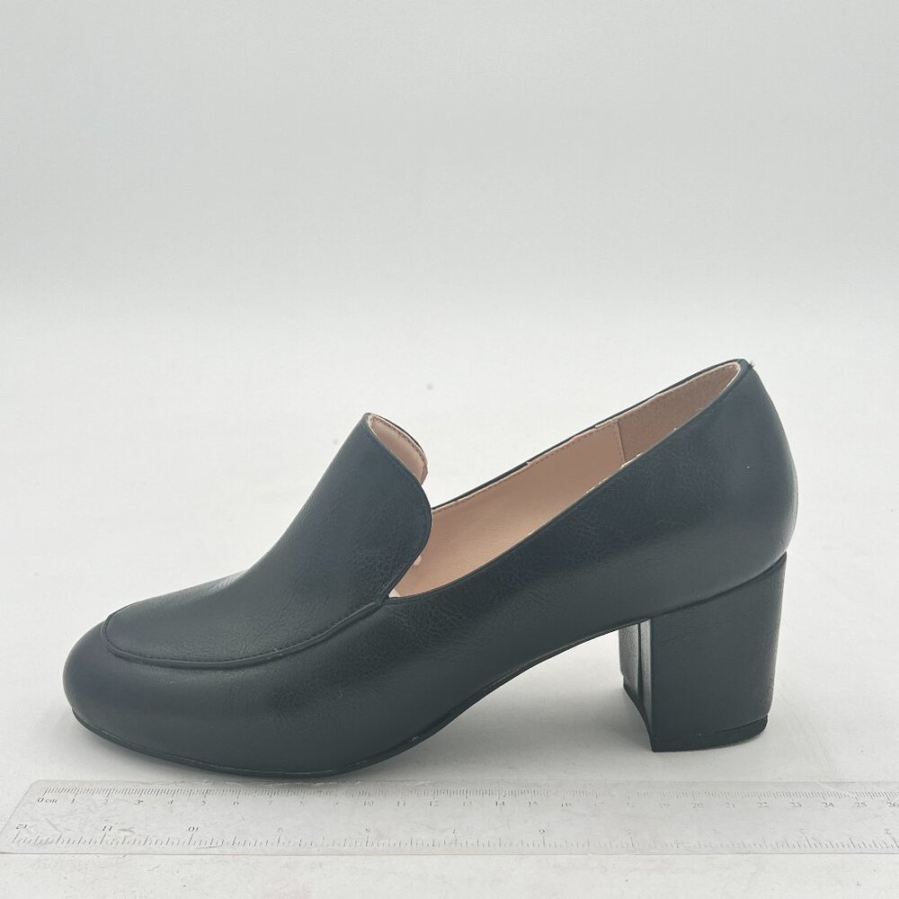 FOWT Black Black Side V Cut Loafer Ladies Round Toe Chunky Heel Pump Office Shoe